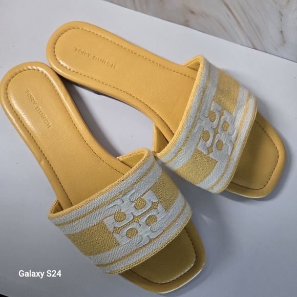 Tory Burch Double T Jacquard Slide Sandals Mellow Yellow Size 8 - Picture 9 of 12